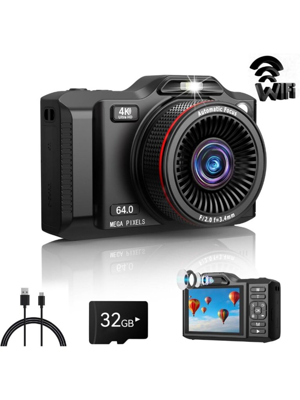 4K 64MP Autofocus Vlogging Camera, Dual Lens, 18X Zoom, WiFi & 32GB Card